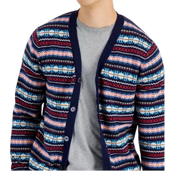 Club Room Mens Cozy Fair Isle Button Up Cardigan Navy Size L - Picture 1 of 7